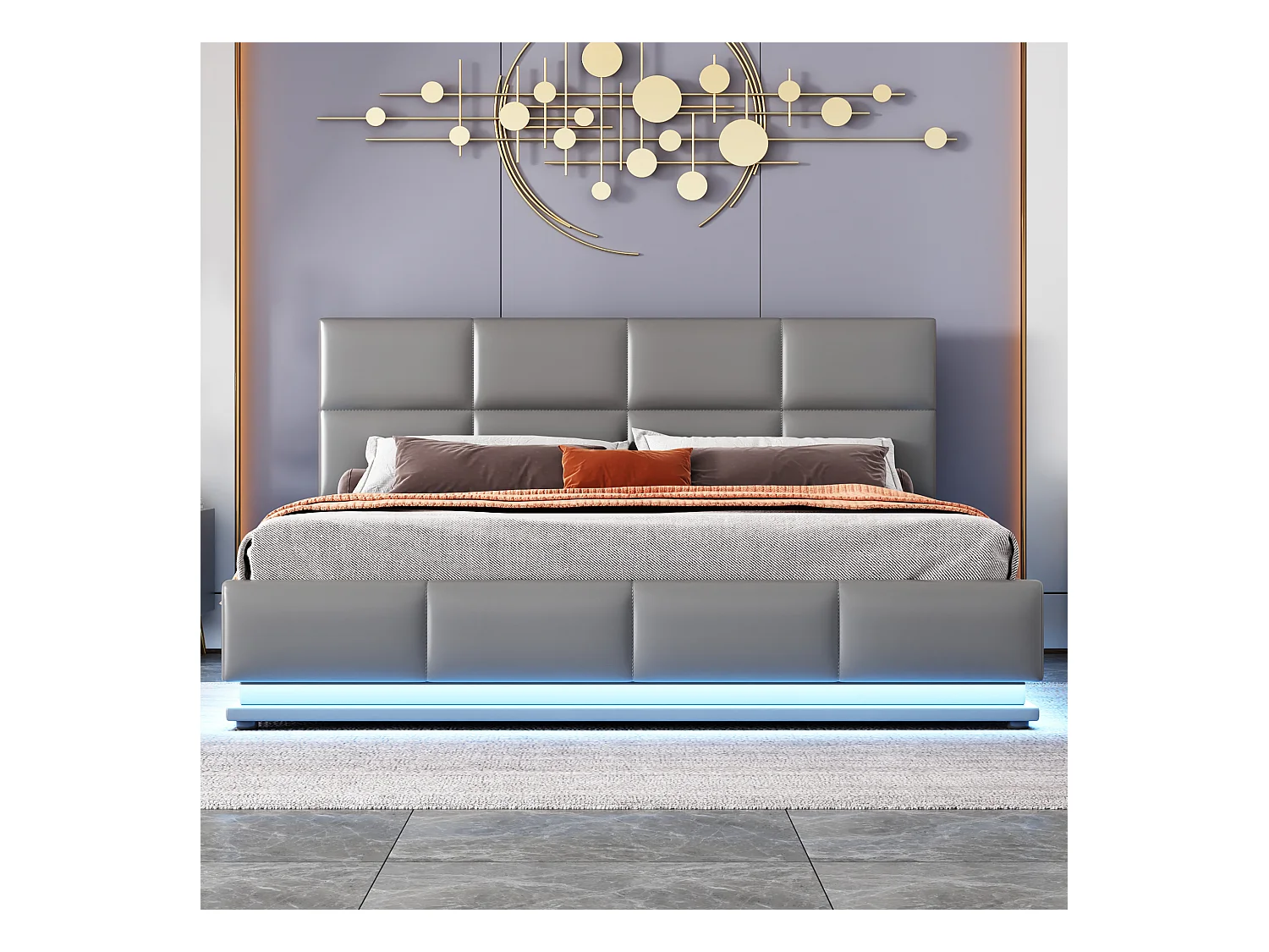 Lit tapissé 160x200cm avec LED, sommier métallique, coffre de rangement hydraulique, velours gris (203x145x114cm)