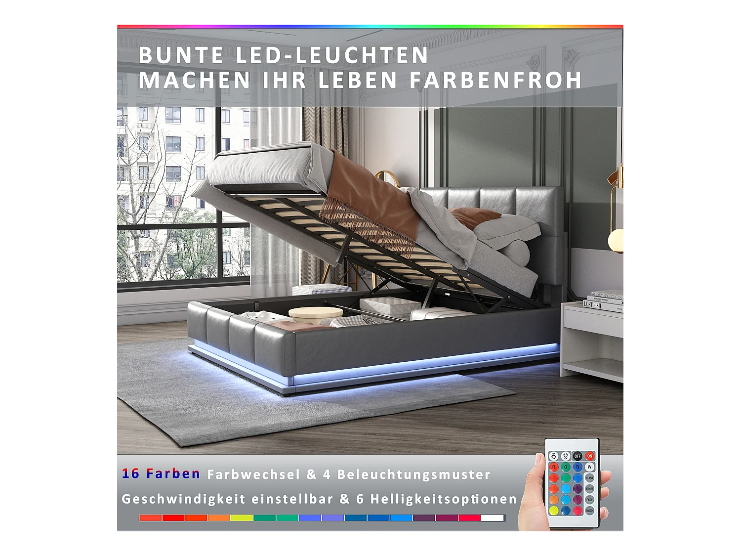 Lit tapissé 160x200cm avec LED, sommier métallique, coffre de rangement hydraulique, velours gris (203x145x114cm)