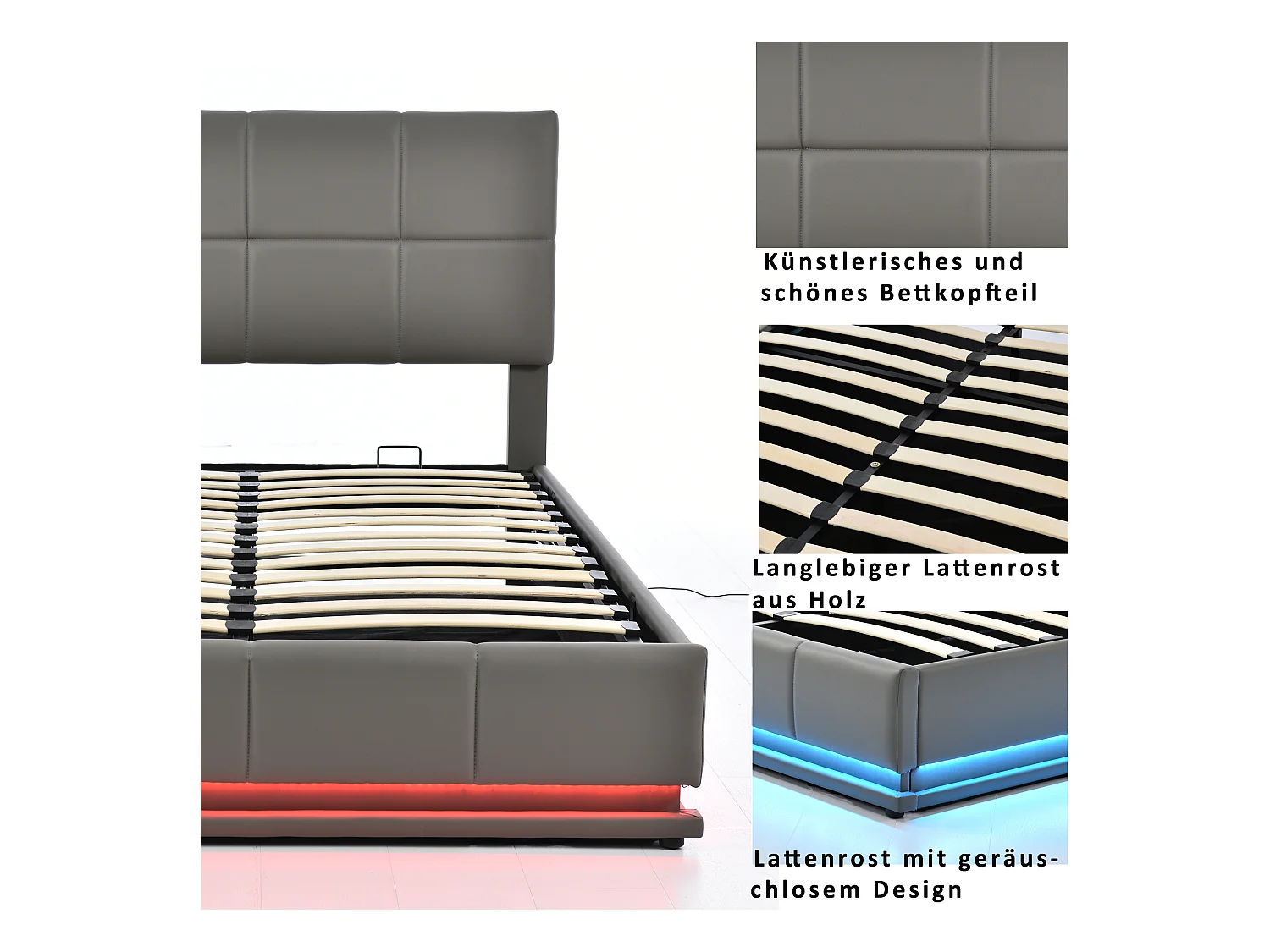 Lit tapissé 160x200cm avec LED, sommier métallique, coffre de rangement hydraulique, velours gris (203x145x114cm)