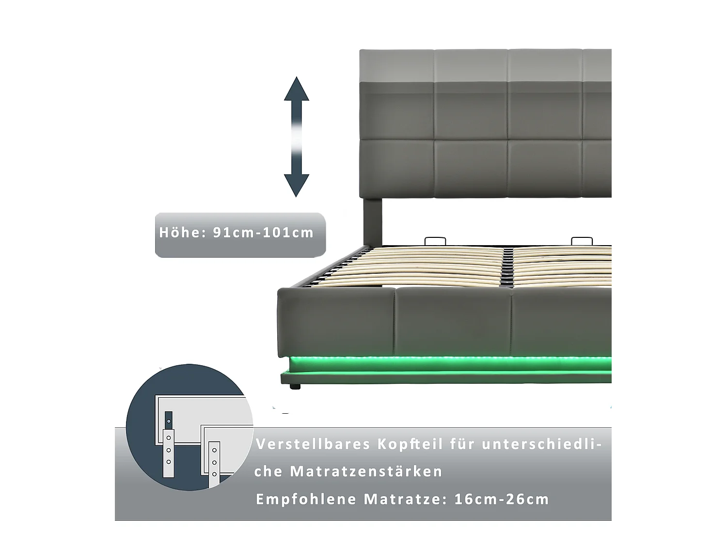 Lit tapissé 160x200cm avec LED, sommier métallique, coffre de rangement hydraulique, velours gris (203x145x114cm)