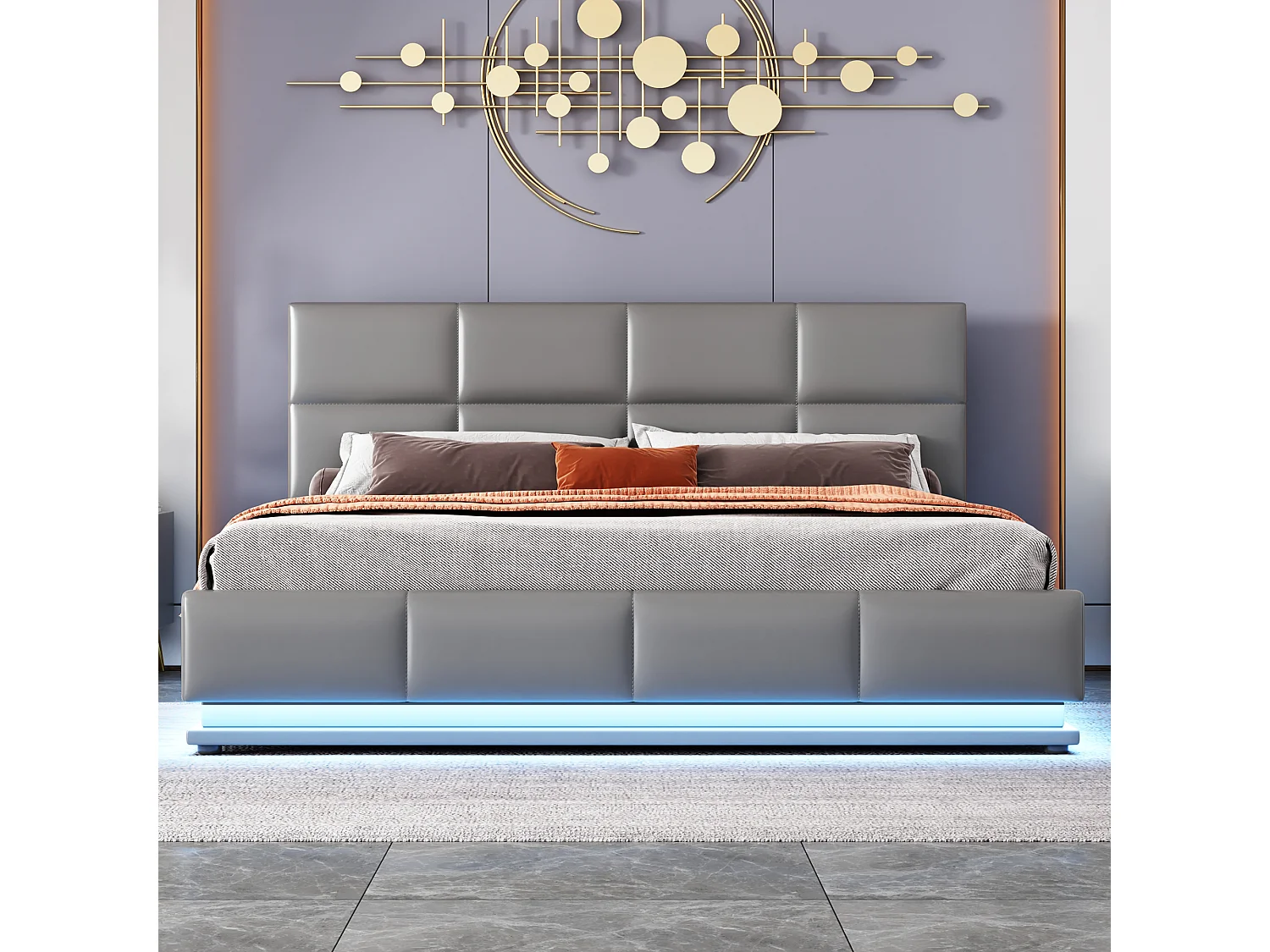 Lit tapissé 160x200cm avec LED, sommier métallique, coffre de rangement hydraulique, velours gris (203x145x114cm)