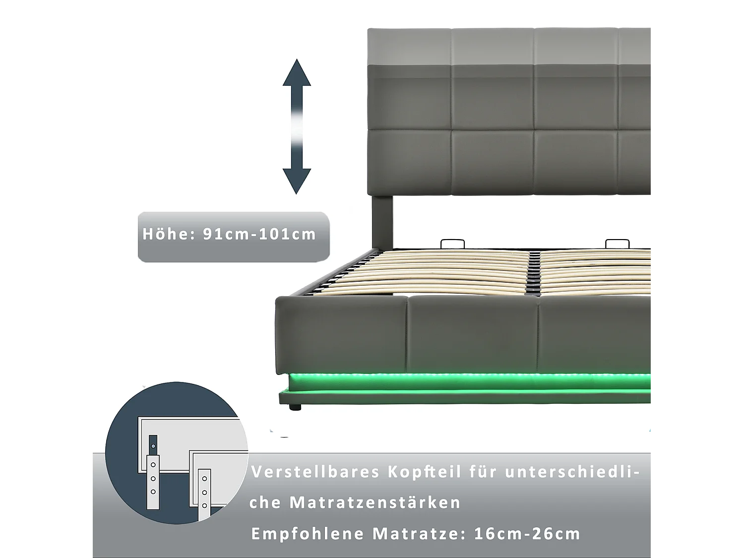 Lit tapissé 160x200cm avec LED, sommier métallique, coffre de rangement hydraulique, velours gris (203x145x114cm)