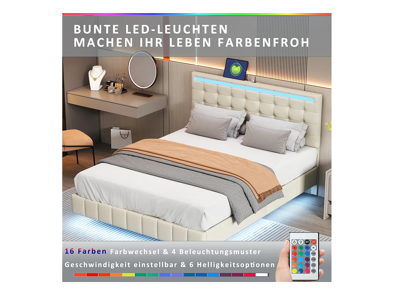 Lit tapissé double 140x200cm avec LED, sommier métallique et tête réglable en lin beige (210x151x116cm)