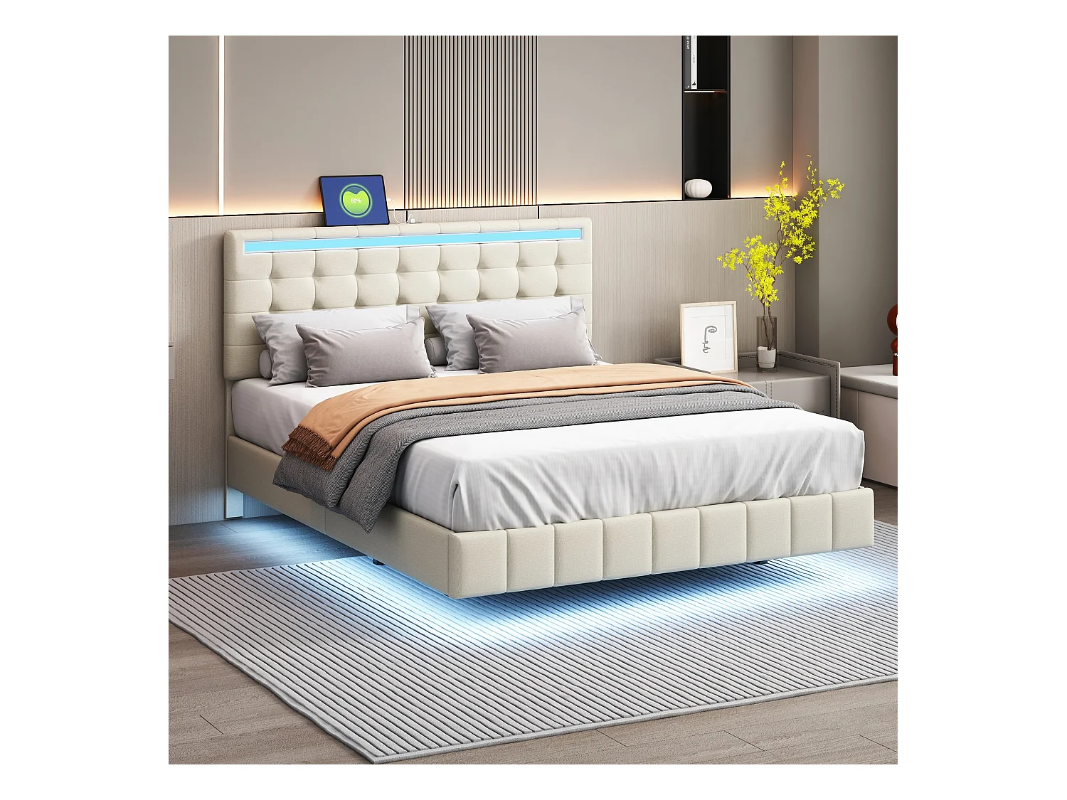 Lit tapissé double 140x200cm avec LED, sommier métallique et tête réglable en lin beige (210x151x116cm)