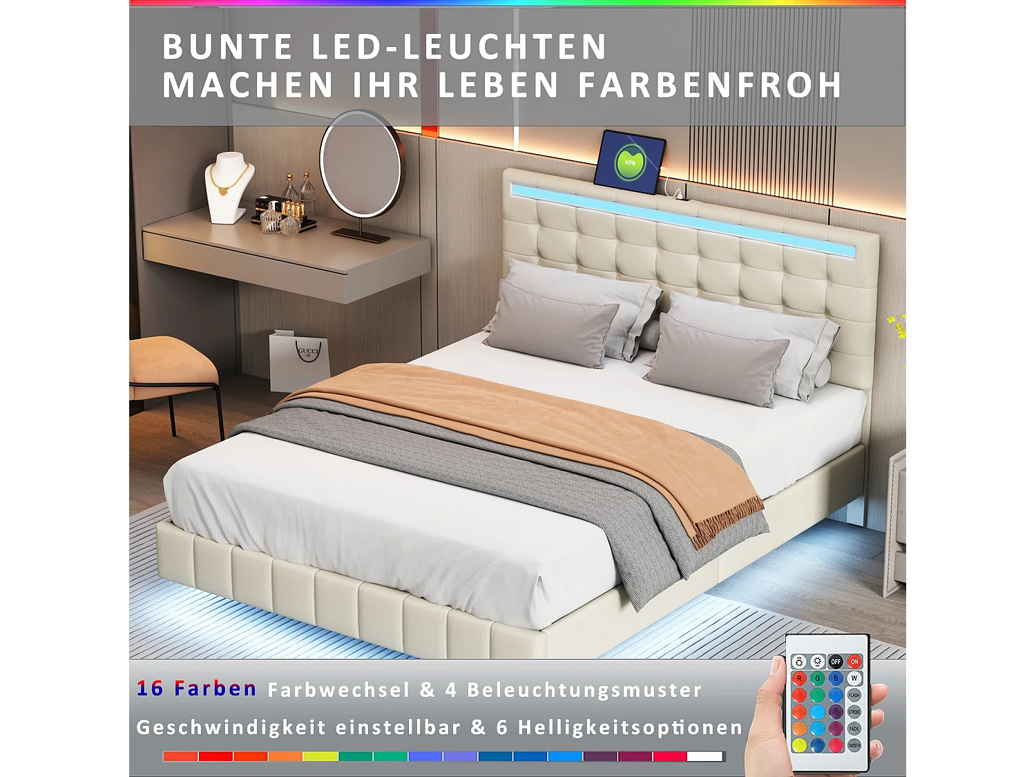 Lit tapissé double 140x200cm avec LED, sommier métallique et tête réglable en lin beige (210x151x116cm)