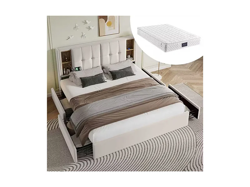 Tweepersoonsbed met draadloos opladen via USB C en 4 lades, gestoffeerd bed 160x200 cm, metalen frame, beige fluweel (zonder matras) (223x165x106 cm)