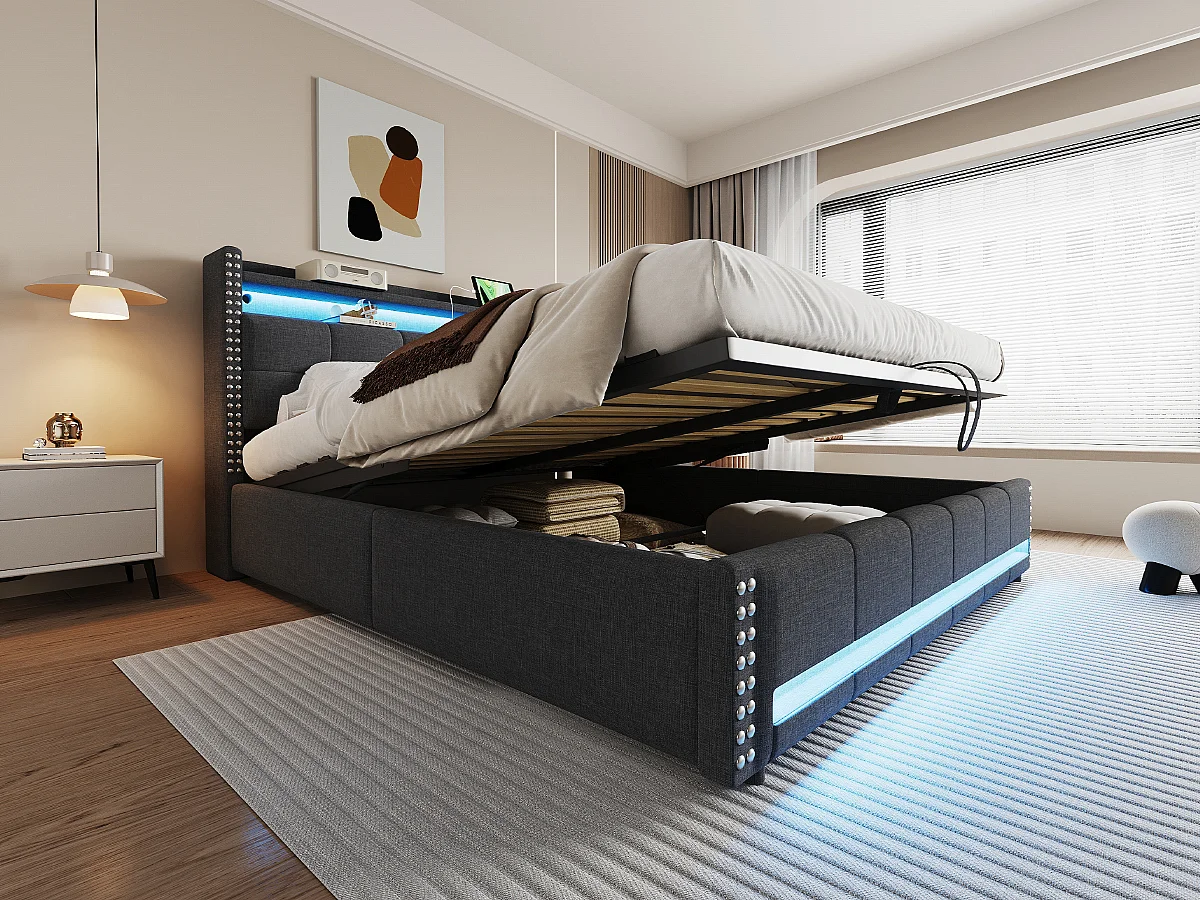 Cama 180x200 cm con LED y toma USB, cabecero con baldas y almacenaje, sistema hidráulico para almacenaje, lino gris (224x191x115 cm)
