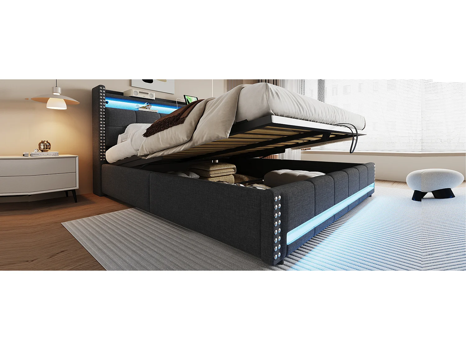 Cama 180x200 cm con LED y toma USB, cabecero con baldas y almacenaje, sistema hidráulico para almacenaje, lino gris (224x191x115 cm)