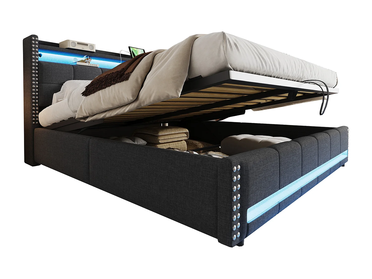 Cama 180x200 cm con LED y toma USB, cabecero con baldas y almacenaje, sistema hidráulico para almacenaje, lino gris (224x191x115 cm)