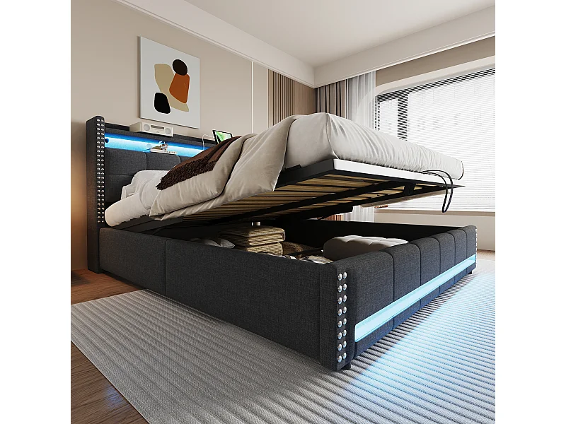 Cama 180x200 cm con LED y toma USB, cabecero con baldas y almacenaje, sistema hidráulico para almacenaje, lino gris (224x191x115 cm)