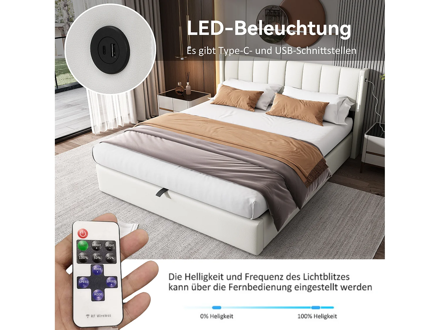 Binaural LED-bed 180x200 cm, hydraulisch, USB-oplaadbaar, LED-verlichting, opbergruimte, verstelbaar hoofdeinde, PU-Stone, wit
