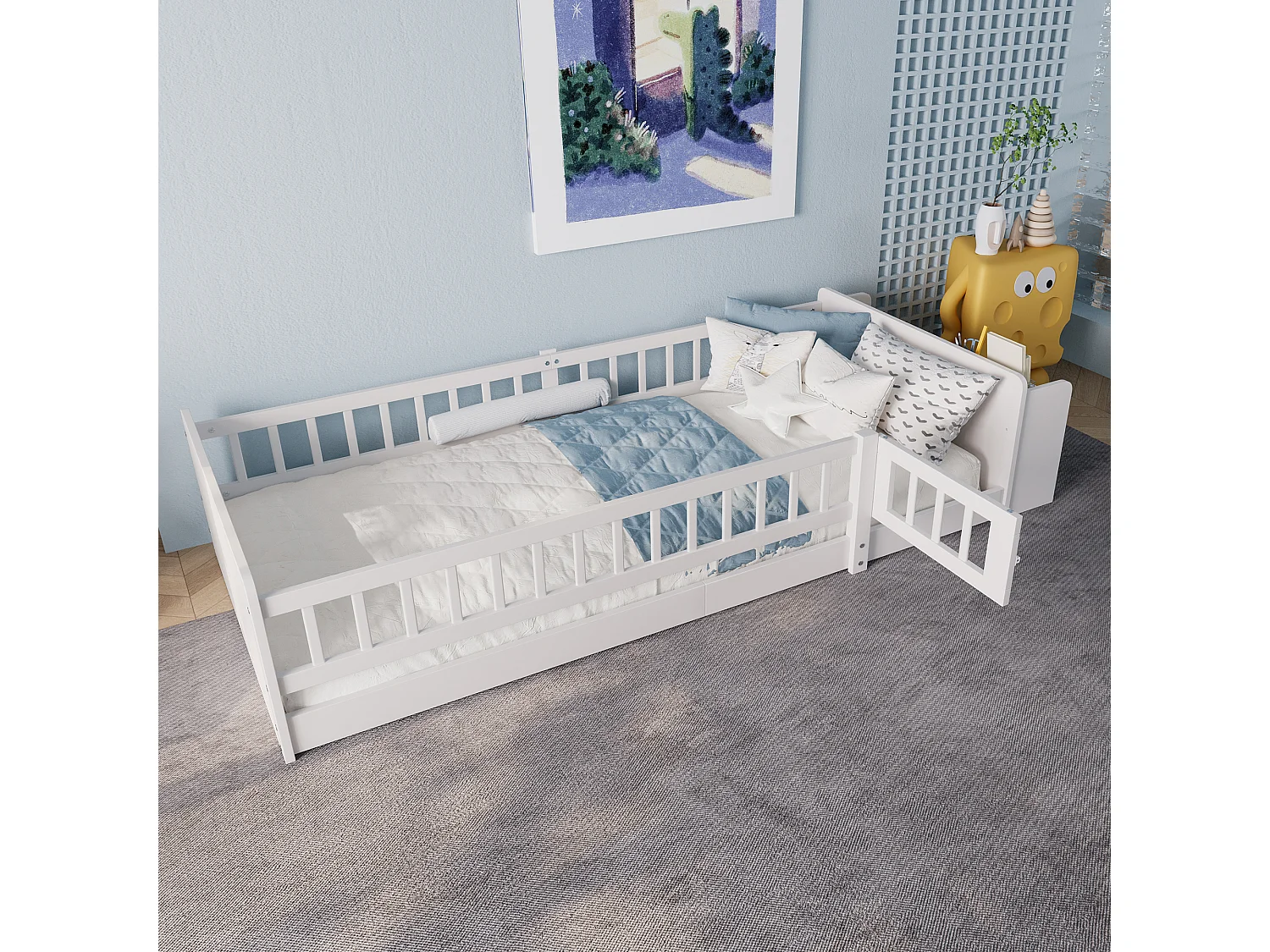Letto per bambini 90x200 cm in pino, con vano contenitore, ripiani, porta blindata, bianco (223x95x45 cm)