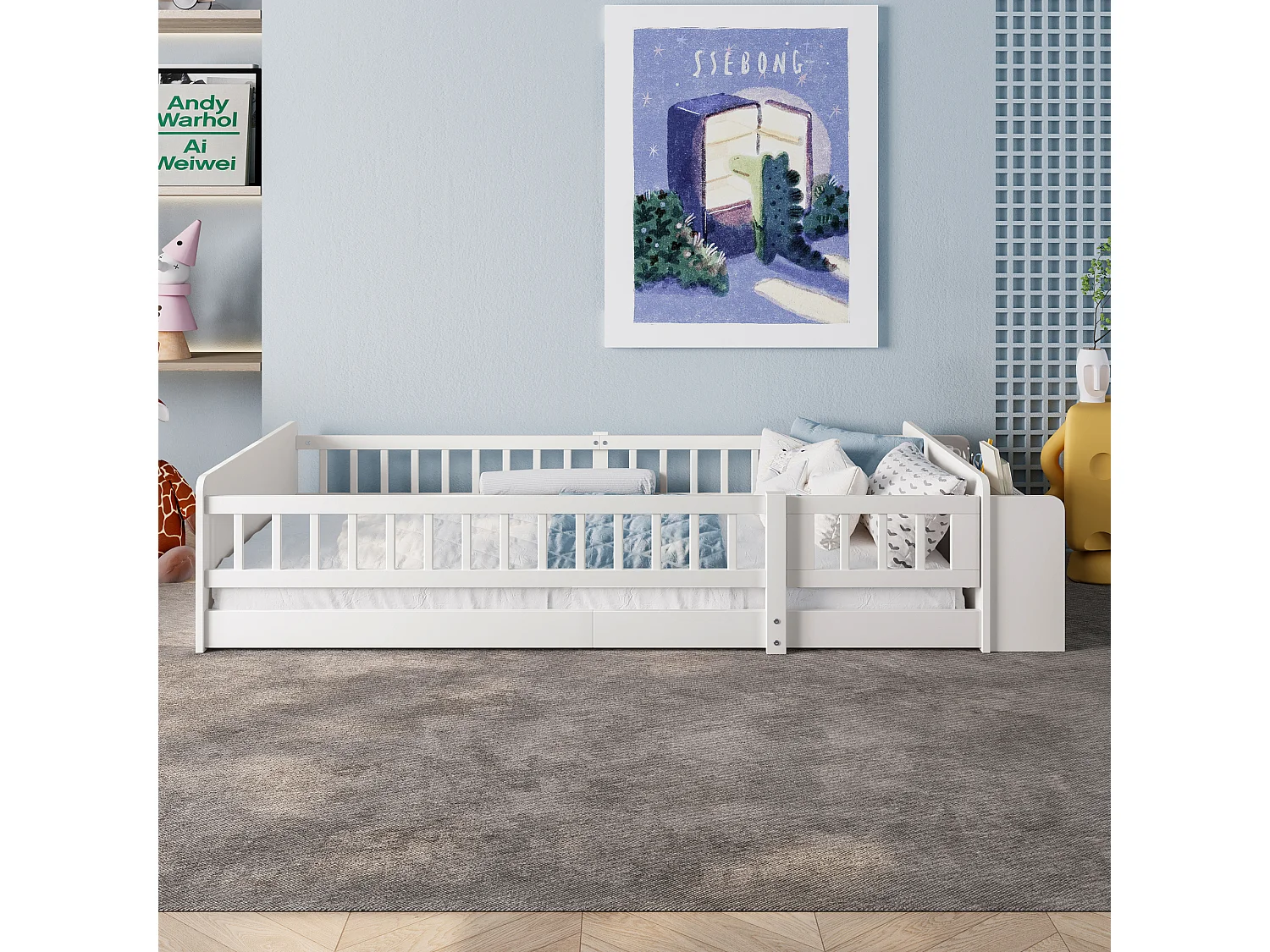 Letto per bambini 90x200 cm in pino, con vano contenitore, ripiani, porta blindata, bianco (223x95x45 cm)