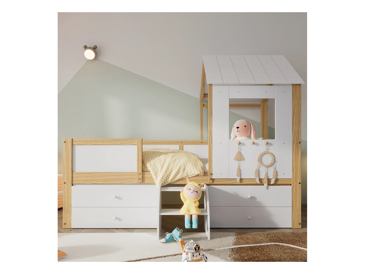 Lit demi-hauteur enfant, maison avec toit et fenêtres, avec 4 tiroirs et petite échelle, pin et MDF, blanc et naturel (204x96.5x159 cm)