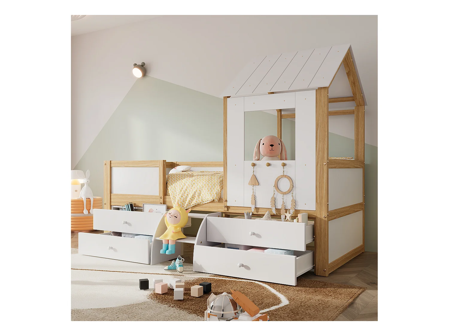 Lit demi-hauteur enfant, maison avec toit et fenêtres, avec 4 tiroirs et petite échelle, pin et MDF, blanc et naturel (204x96.5x159 cm)