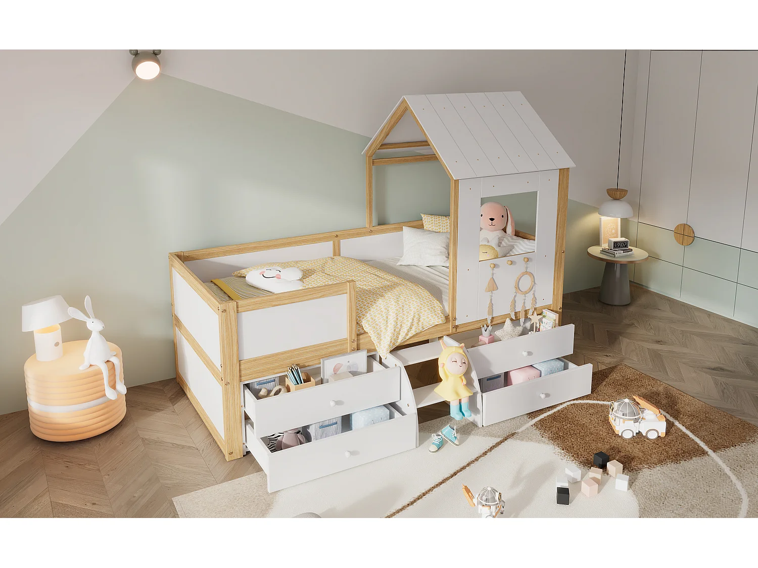 Lit demi-hauteur enfant, maison avec toit et fenêtres, avec 4 tiroirs et petite échelle, pin et MDF, blanc et naturel (204x96.5x159 cm)
