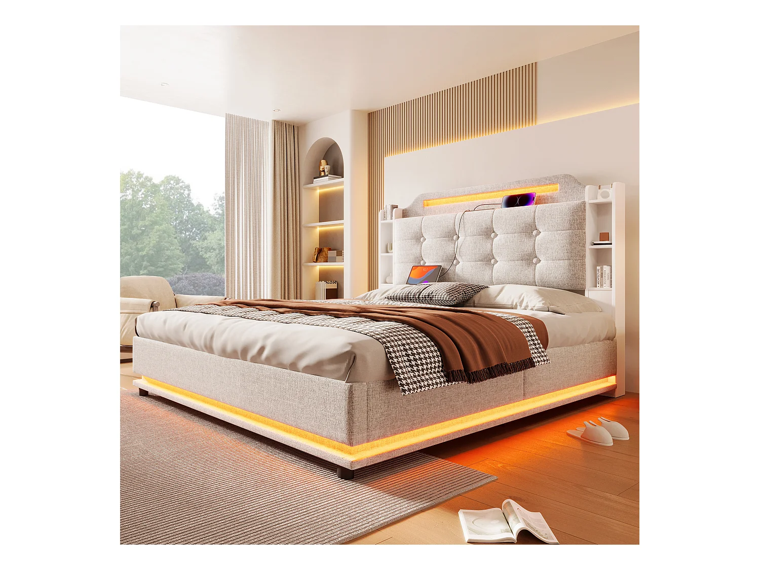 Lit avec éclairage LED, 140x200 cm, avec espace de rangement hydraulique et étagères multiples, Lin, Beige (216x141x115 cm)