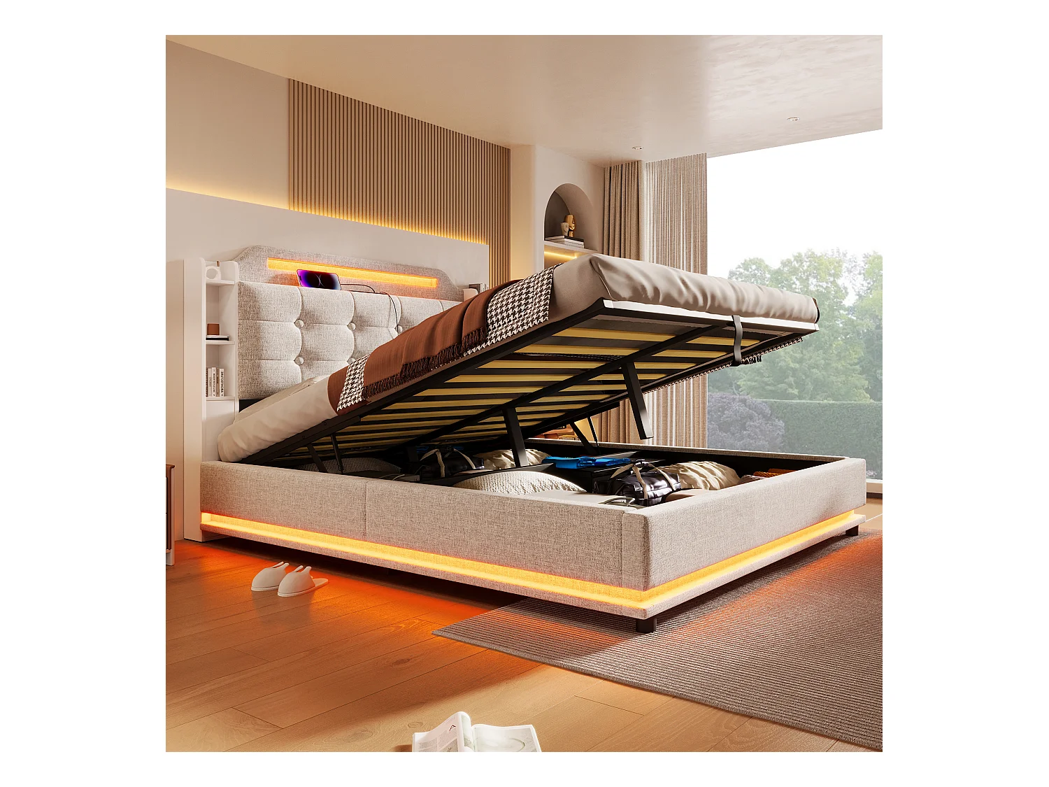 Lit avec éclairage LED, 140x200 cm, avec espace de rangement hydraulique et étagères multiples, Lin, Beige (216x141x115 cm)