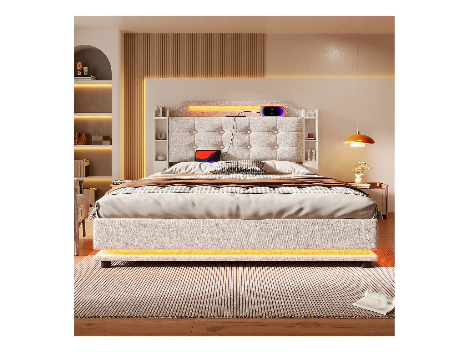 Lit avec éclairage LED, 140x200 cm, avec espace de rangement hydraulique et étagères multiples, Lin, Beige (216x141x115 cm)