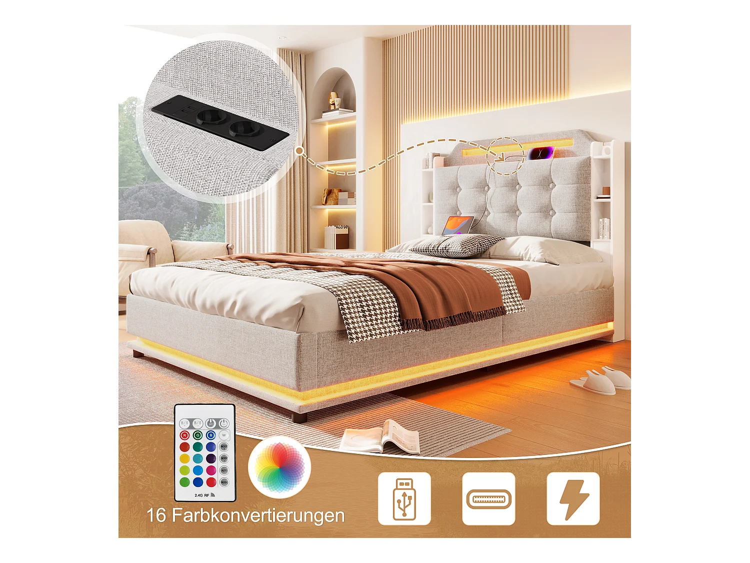 Lit avec éclairage LED, 140x200 cm, avec espace de rangement hydraulique et étagères multiples, Lin, Beige (216x141x115 cm)