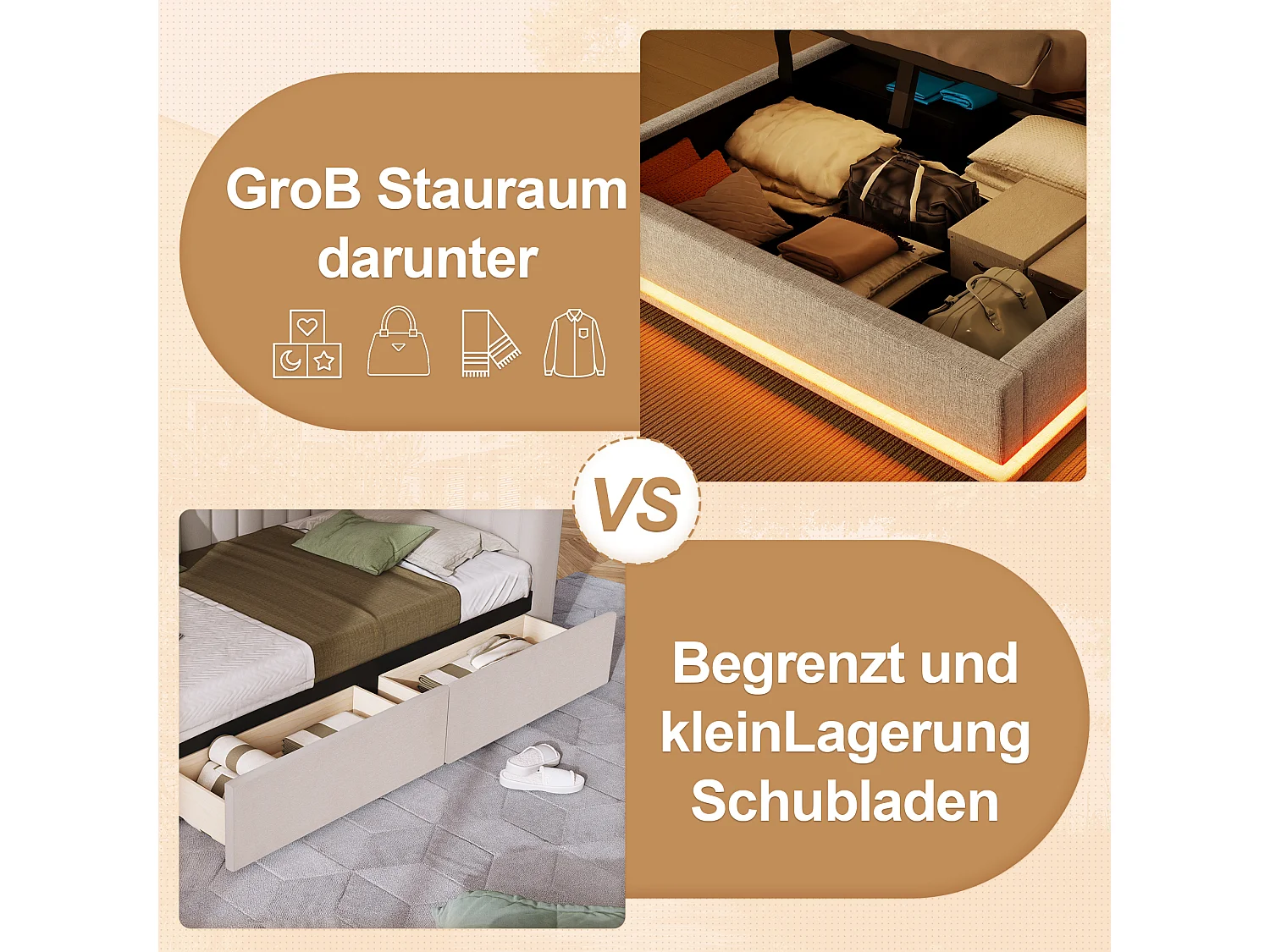 Lit avec éclairage LED, 140x200 cm, avec espace de rangement hydraulique et étagères multiples, Lin, Beige (216x141x115 cm)