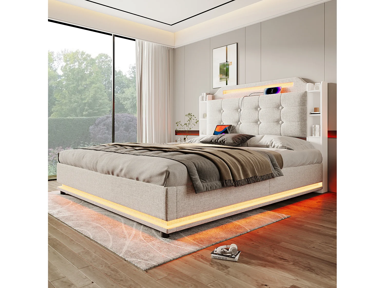 Lit avec éclairage LED, 140x200 cm, avec espace de rangement hydraulique et étagères multiples, Lin, Beige (216x141x115 cm)