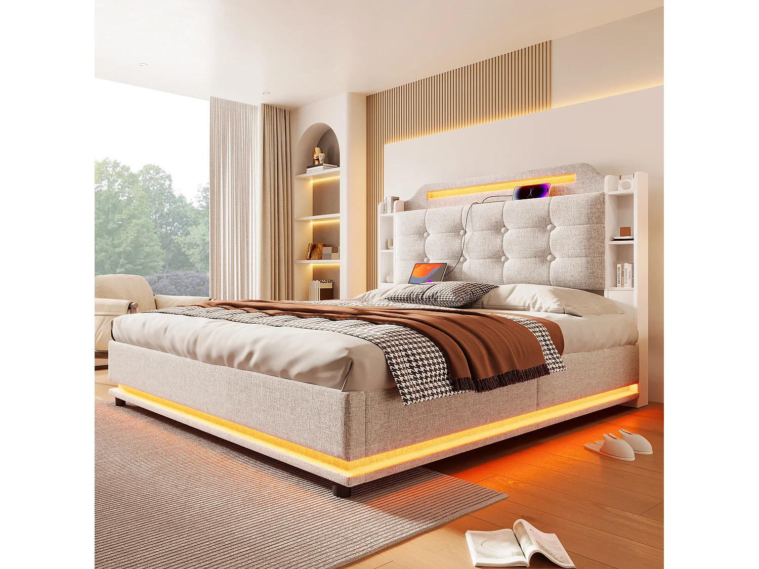 Lit avec éclairage LED, 140x200 cm, avec espace de rangement hydraulique et étagères multiples, Lin, Beige (216x141x115 cm)