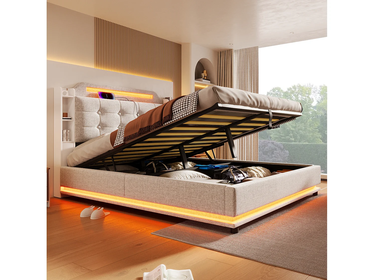 Lit avec éclairage LED, 140x200 cm, avec espace de rangement hydraulique et étagères multiples, Lin, Beige (216x141x115 cm)