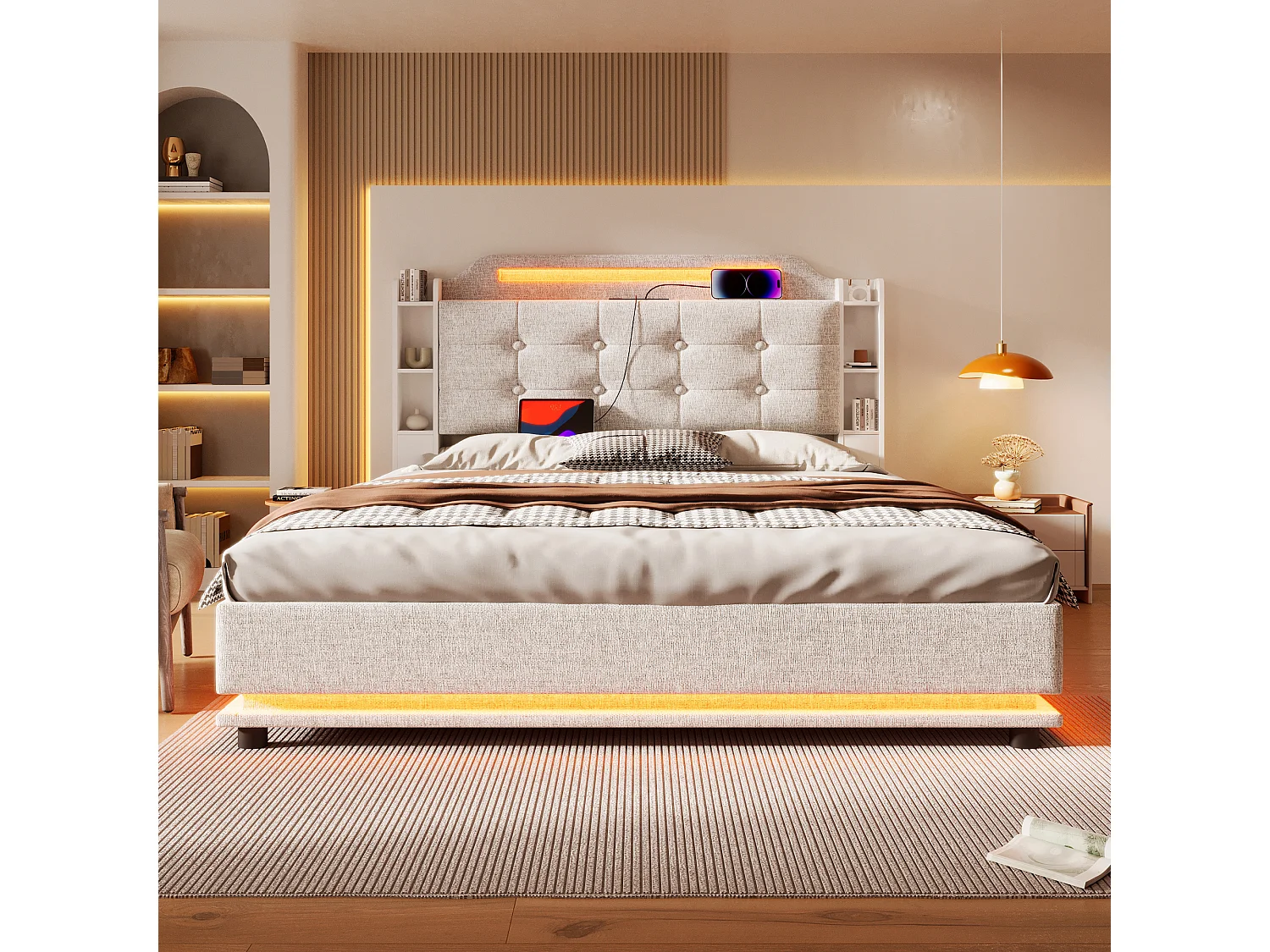 Lit avec éclairage LED, 140x200 cm, avec espace de rangement hydraulique et étagères multiples, Lin, Beige (216x141x115 cm)