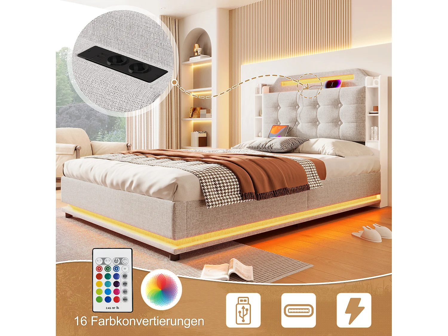 Lit avec éclairage LED, 140x200 cm, avec espace de rangement hydraulique et étagères multiples, Lin, Beige (216x141x115 cm)