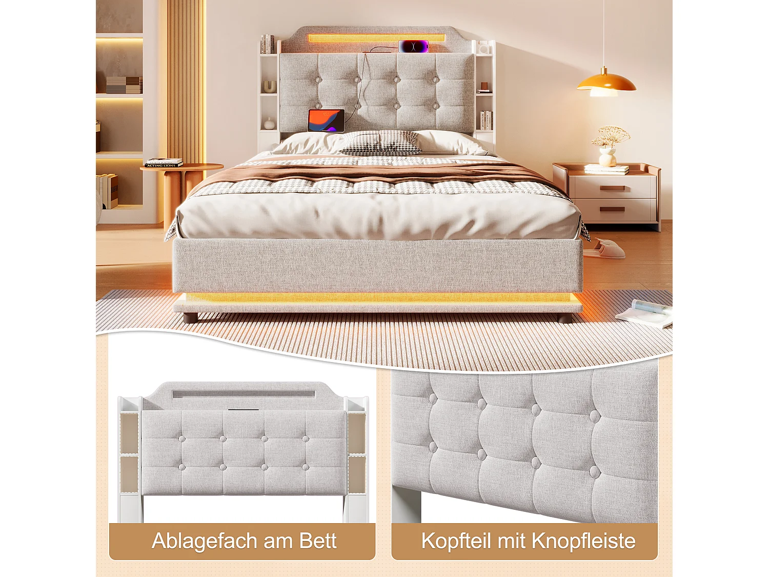 Lit avec éclairage LED, 140x200 cm, avec espace de rangement hydraulique et étagères multiples, Lin, Beige (216x141x115 cm)