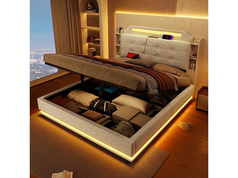 Lit avec éclairage LED, 140x200 cm, avec espace de rangement hydraulique et étagères multiples, Lin, Beige (216x141x115 cm)
