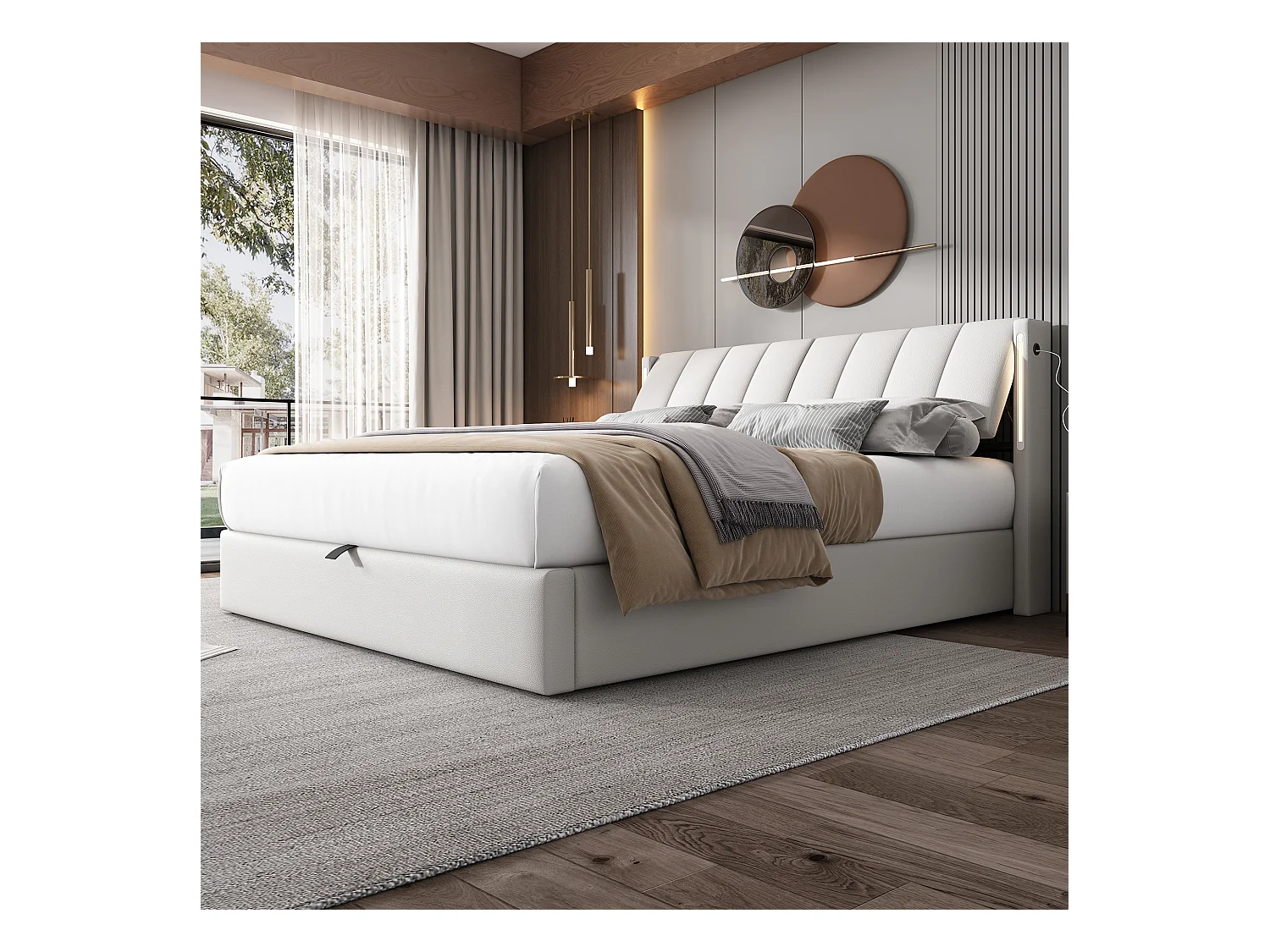 Binaural LED-bed 160x200 cm met verstelbaar hoofdeinde, USB-oplaadbaar, LED-verlichting, opbergruimte, hydraulisch, wit PU (160x200x103 cm) ### Productdetails: