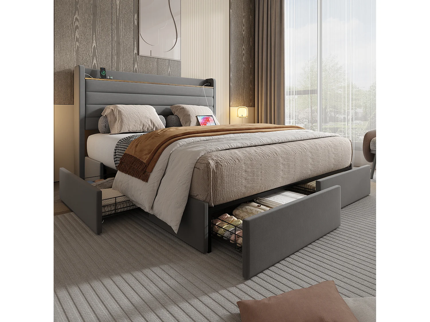 Lit 140 x 200 cm, Design Moderne, Tête de Lit en Velours, USB, 4 Tiroirs de Rangement, Beige (216 x 150 x 116 cm)