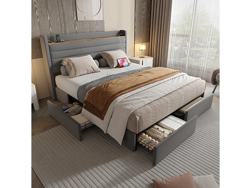 Letto 140 x 200 cm, design moderno, testiera in velluto, USB, 4 cassetti contenitore, beige (216 x 150 x 116 cm)