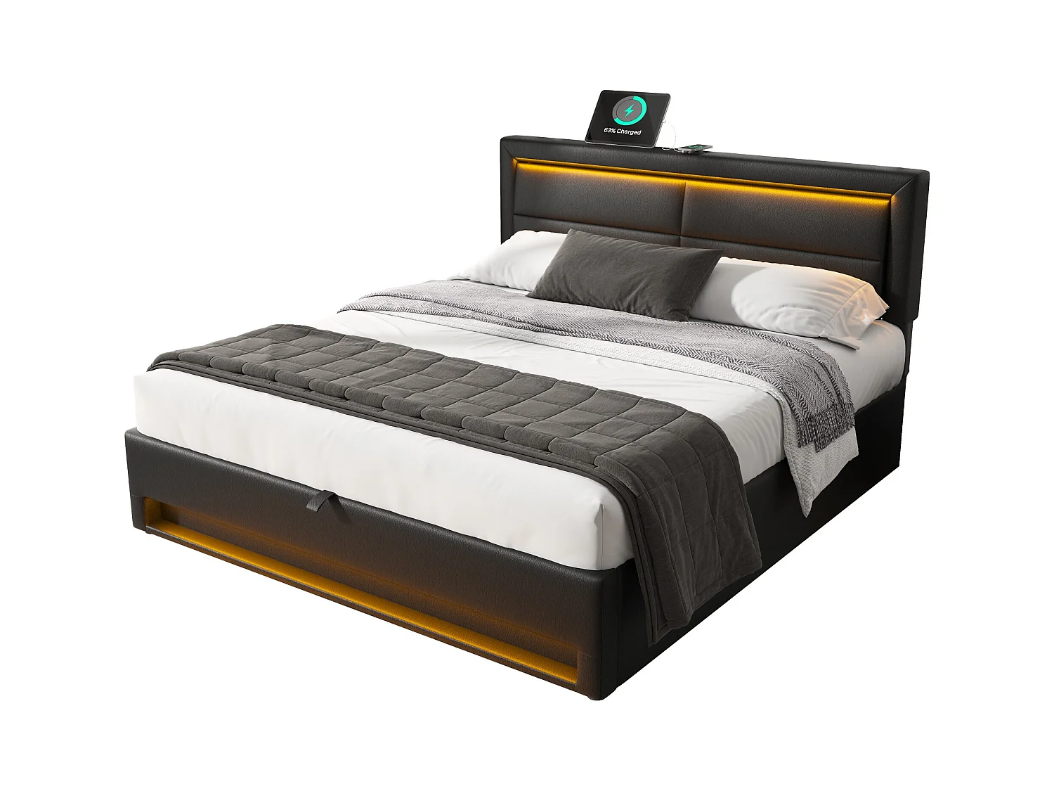 Letto imbottito 140x190 cm, con porta USB, LED e contenitore, PU-Litschi, nero (senza materasso)