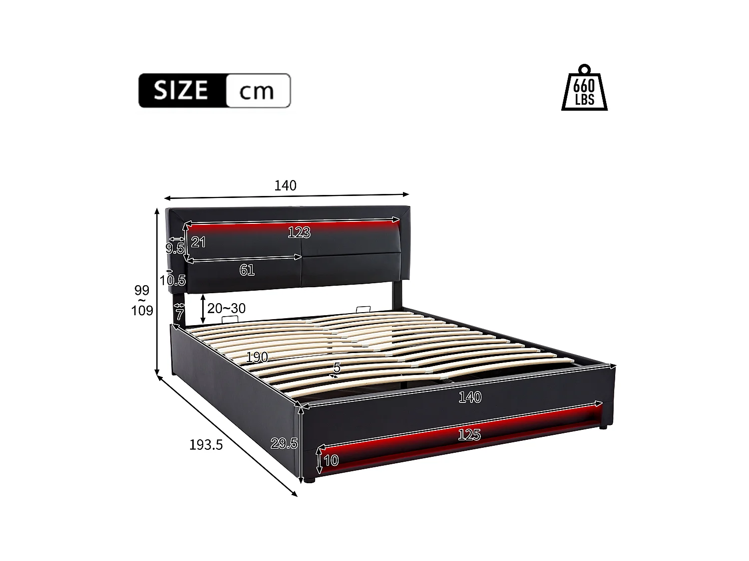 Letto imbottito 140x190 cm, con porta USB, LED e contenitore, PU-Litschi, nero (senza materasso)