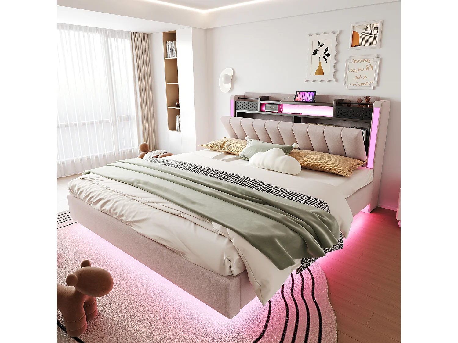 Lit tapissier avec LED, prise USB, rangement tête de lit, lin beige, design flottant (222.5x165.5x111 cm)