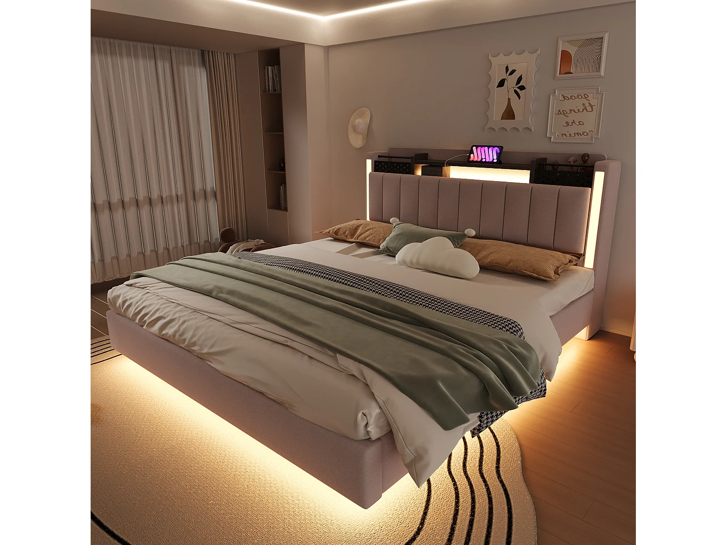 Lit tapissier avec LED, prise USB, rangement tête de lit, lin beige, design flottant (222.5x165.5x111 cm)