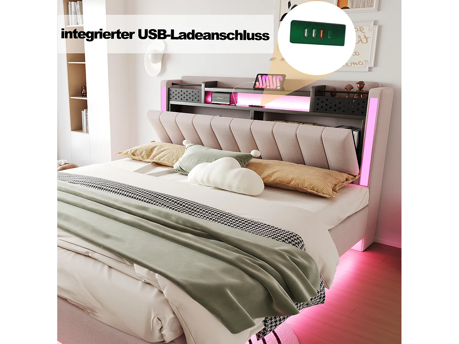 Lit tapissier avec LED, prise USB, rangement tête de lit, lin beige, design flottant (222.5x165.5x111 cm)