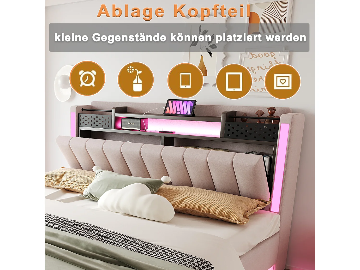 Lit tapissier avec LED, prise USB, rangement tête de lit, lin beige, design flottant (222.5x165.5x111 cm)