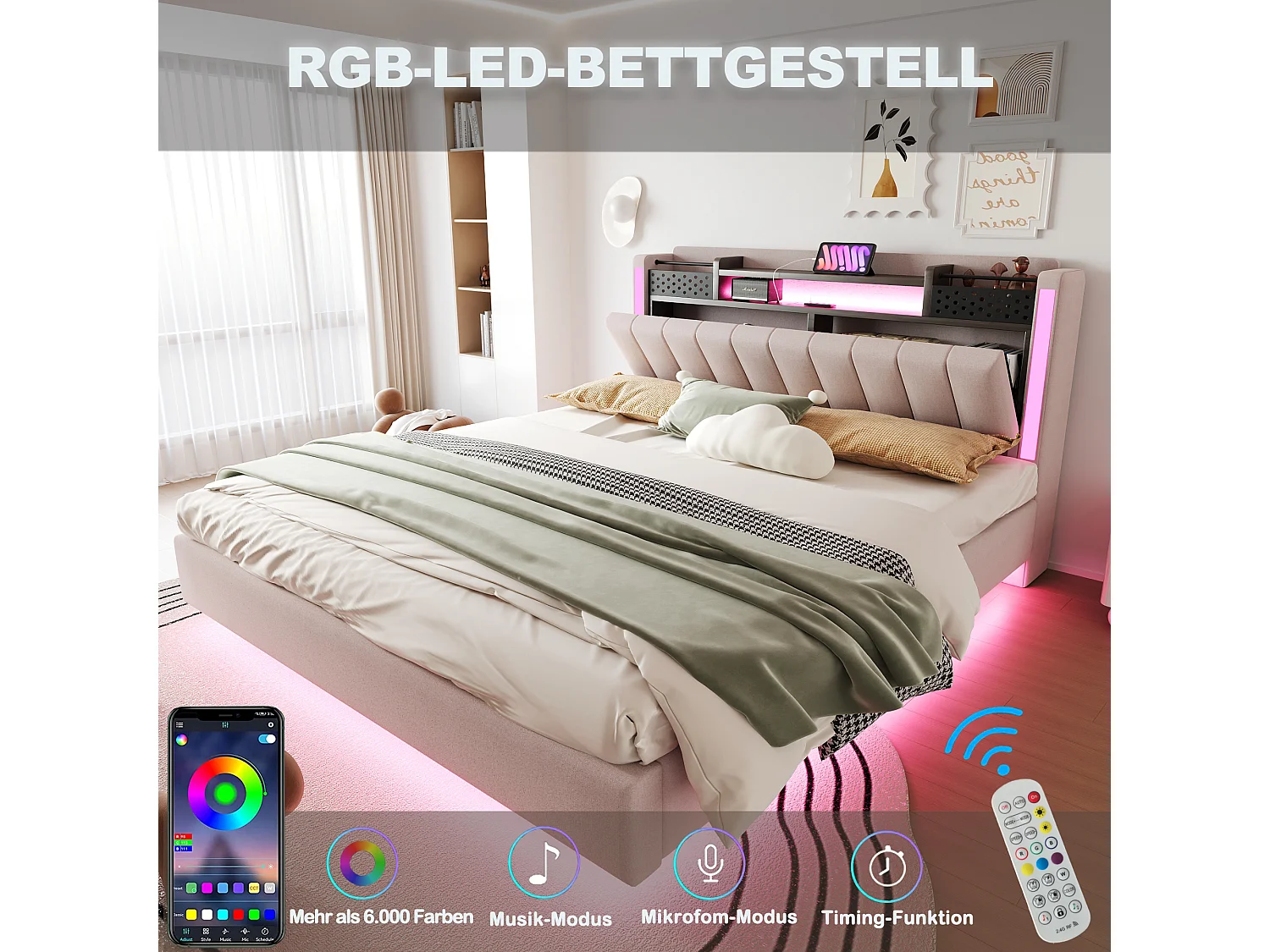 Lit tapissier avec LED, prise USB, rangement tête de lit, lin beige, design flottant (222.5x165.5x111 cm)