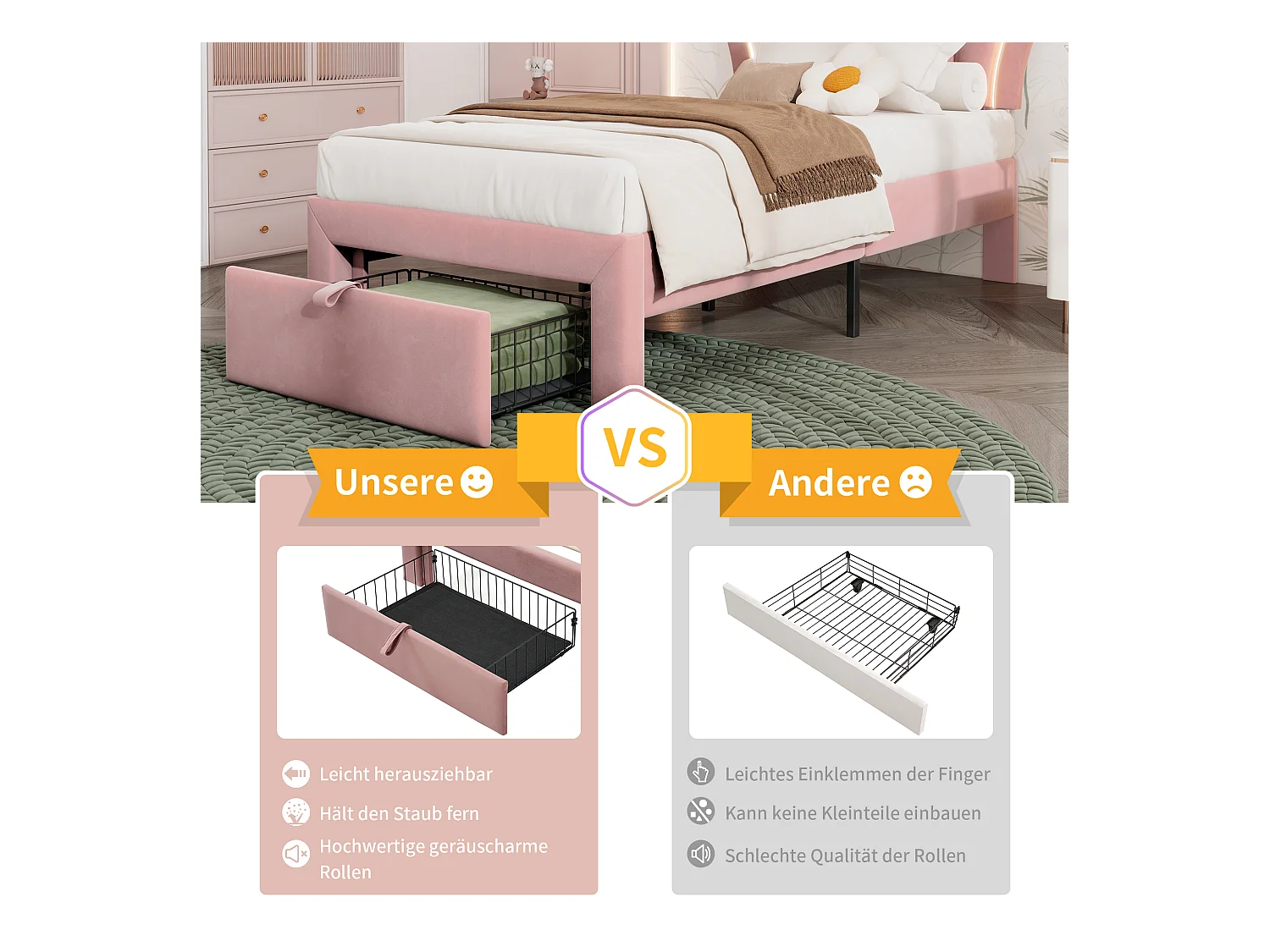 Letto per bambini a LED con testiera regolabile, 90x200 cm, con cassetti, struttura in metallo, velluto rosa, controllo APP