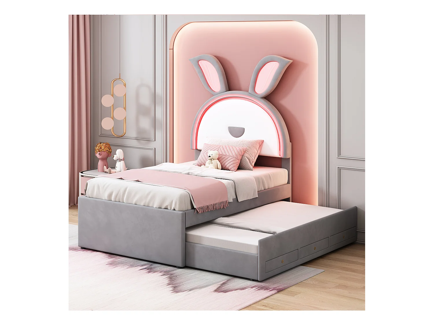 Lit enfant velours multifonction avec tiroir, lit gigogne et LED, gris (200x90x167cm)