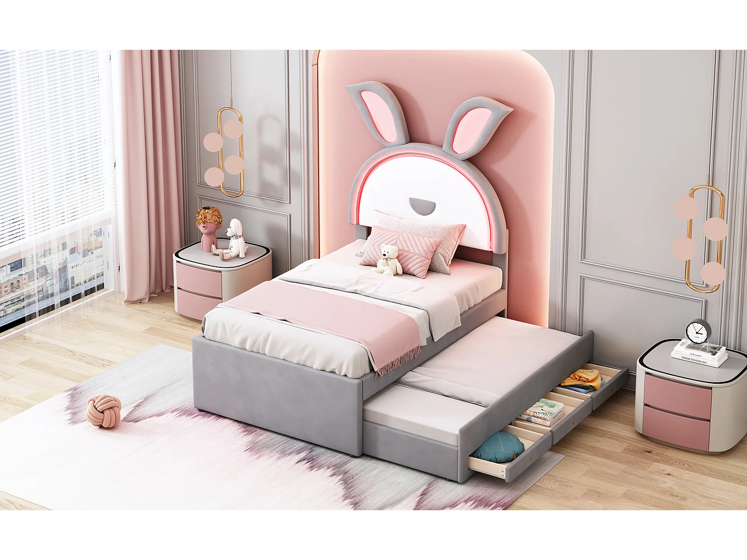 Lit enfant velours multifonction avec tiroir, lit gigogne et LED, gris (200x90x167cm)