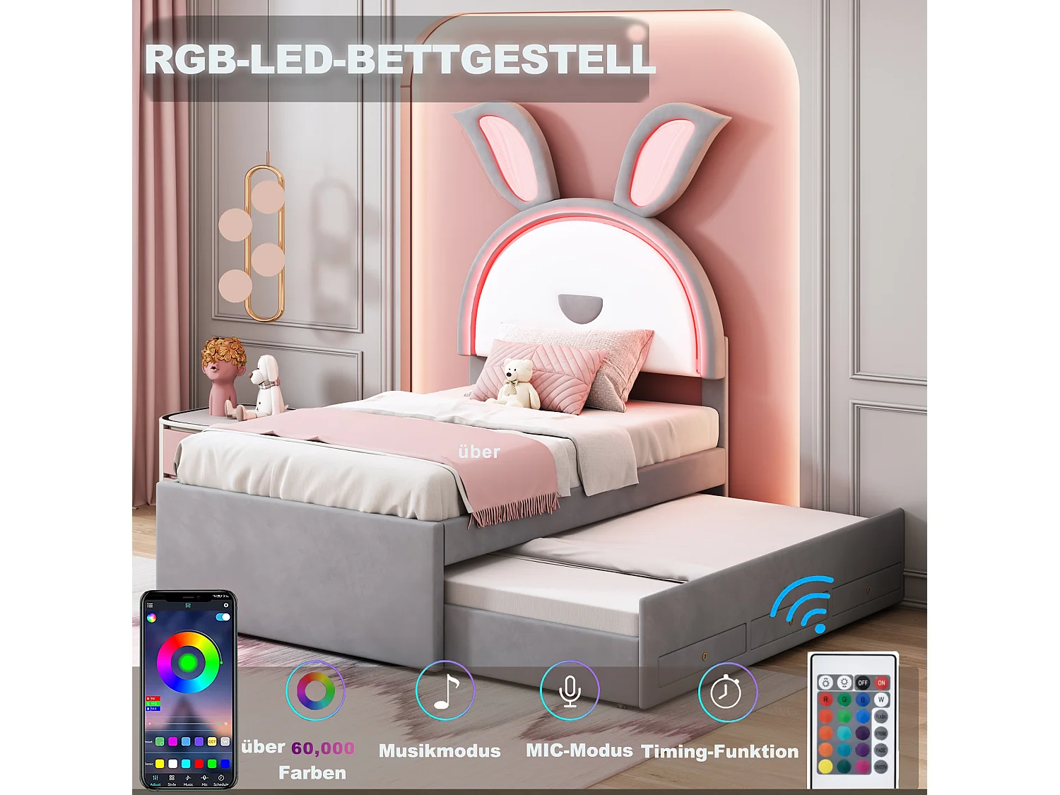 Lit enfant velours multifonction avec tiroir, lit gigogne et LED, gris (200x90x167cm)