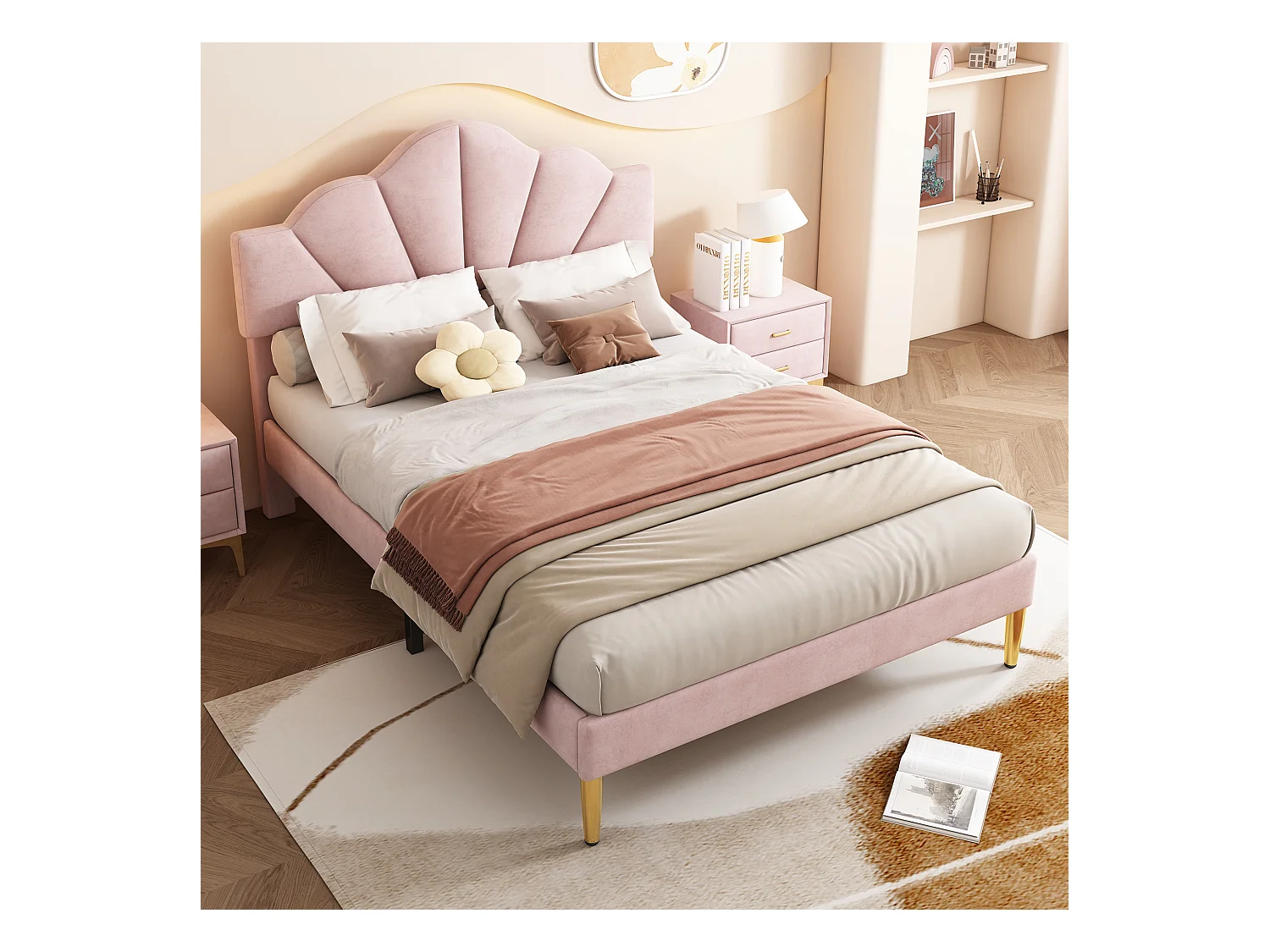 Cama de terciopelo 140x190 cm, cama doble, cabecero ajustable, patas de hierro dorado, diseño de concha, beige (145x195x110/120 cm)