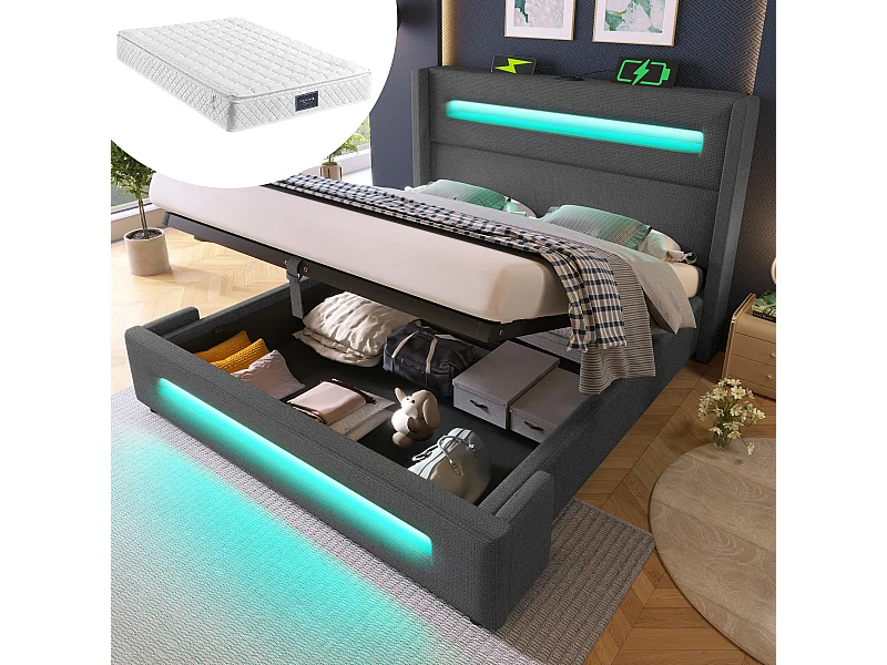 Bed van 140x200 cm met LED, hydraulische opbergruimte en USB Type-C-poorten, metalen frame met houten latten, grijs linnen (219x175x121 cm)