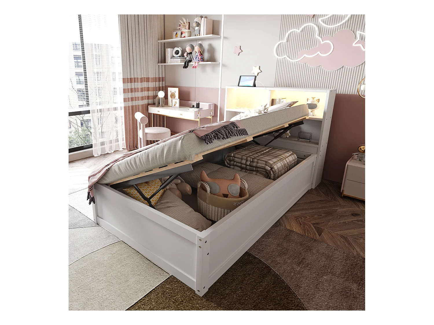 Lit multifonction 90x200 cm avec prise multiple, rangement, sommier hydraulique, bois massif, blanc (220.5x113.5x82 cm)