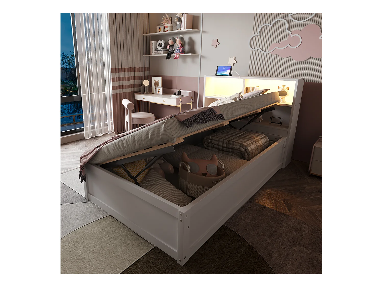 Lit multifonction 90x200 cm avec prise multiple, rangement, sommier hydraulique, bois massif, blanc (220.5x113.5x82 cm)